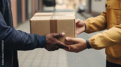 Close up Delivery man holding a cardboard box delivering to customer home. Smiling man postal delivery man giving a package to the customer.