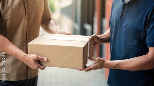 Delivery man holding a cardboard box delivering to customer home. Smiling man postal delivery man giving a package to the customer.