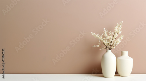 Soft home decor  white jug  vase with white small flowers on a white vintage wall background and on a wooden shelf. Interior.