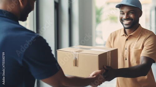 Delivery man holding a cardboard box delivering to customer home. Smiling man postal delivery man giving a package to the customer. photo