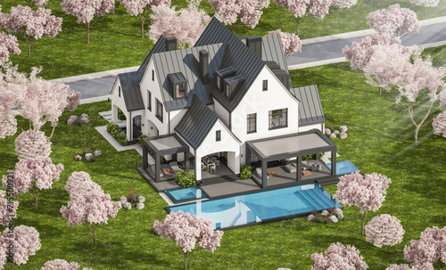 Photography 3d rendering of cute cozy white and black modern Tudor style house with parking  and pool for sale or rent
