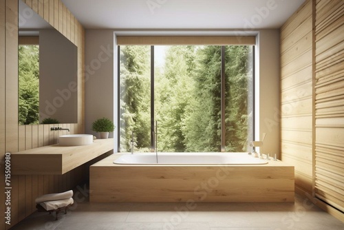 Modern bathroom with wooden interior  sink  and large window. Simulated wall. Generative AI