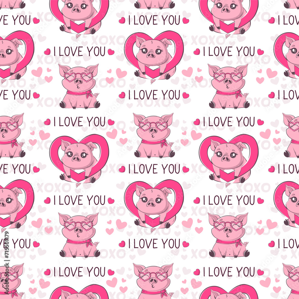 Seamless pattern with kawaii pig in love, i love you inscription. Valentine's day party, vacation, holiday concept.Vector illustration for product design, wallpaper, wrapping paper.