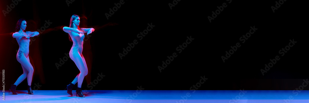 Dance club. Young women dancing stiletto dance, performing against black background in neon. Concept of modern dance style, creativity and beauty, art, hobby. Banner. Empty space to insert text, ad Dance club. Young women dancing stiletto dance, performing against black background in neon. Concept of modern dance style, creativity and beauty, art, hobby. Banner. Empty space to insert text, ad