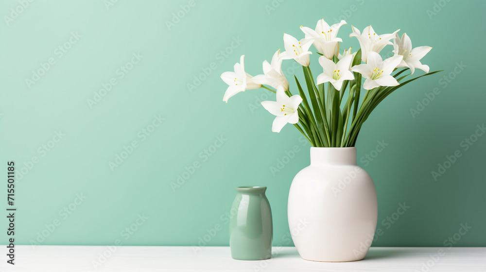 Soft home decor, white jug, vase with white small flowers on a white vintage wall background and on a wooden shelf. Interior. Soft home decor, white jug, vase with white small flowers on a white vintage wall background and on a wooden shelf. Interior.