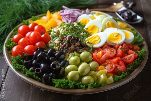 A plate of veggie salad topped with tomatoes, greens, cucumbers, onions, olives, eggs, dill, parsley, and cherry tomatoes. Generative AI