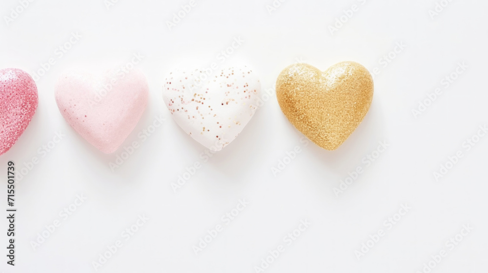 Aesthetic white and gold hearts on light background. Minimalist love concept. Copy space. Generative AI