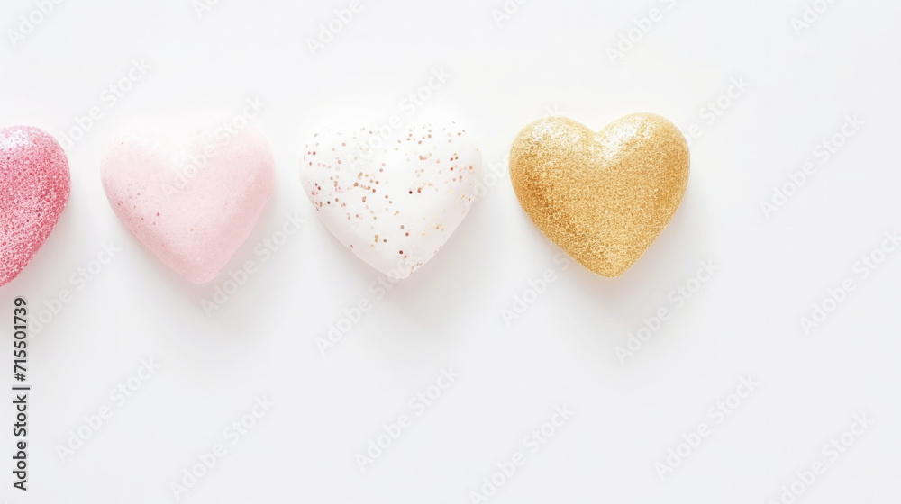 Obraz premium Aesthetic white and gold hearts on light background. Minimalist love concept. Copy space. Generative AI