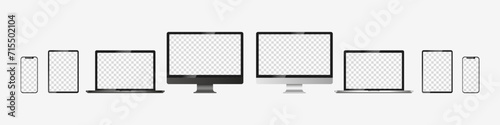 Realistic mockups of devices on an isolated background. Vector set of phone, tablet, laptop and computer. Empty screen mock-up, silver design. Vector EPS 10