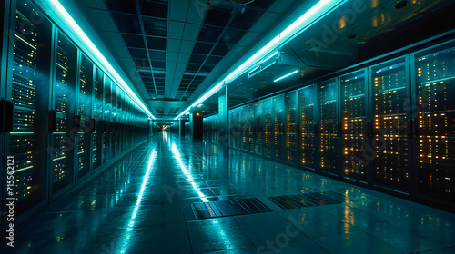Datacenter Interior: A technology datacenter room with servers and networking equipment in a modern setting