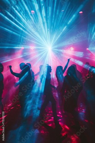 Silhouettes of people dancing at a club with vibrant blue and pink lights