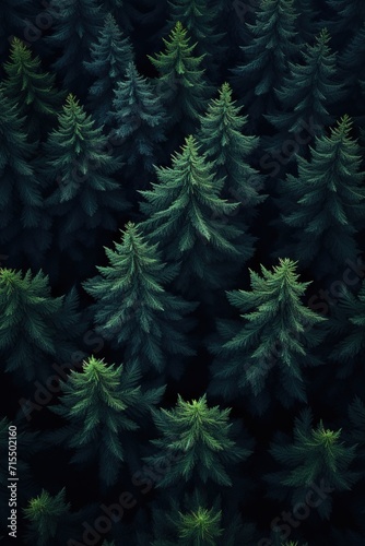 vertical image aerial view landscape of a dense coniferous forest with fir trees
