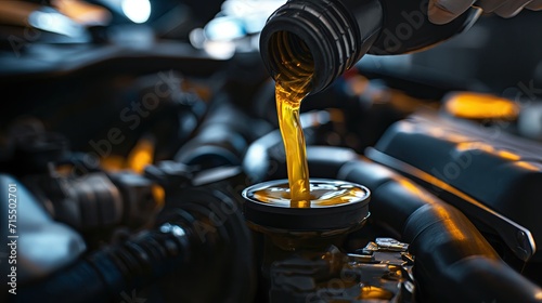 Close shot, pouring oil into the engine of the car