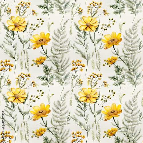 floral seamless watercolor pattern of yellow wildflowers and plants on a white background © Маргарита Вайс