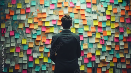 silhouette of a person with a background, a man standing in front of a wall covered in sticky notes and notes with a man in a suit looking at it