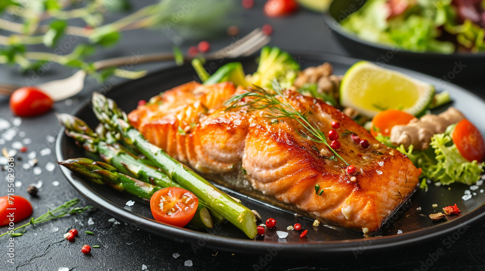 Baked salmon with a delicate taste of ginger and soy sauce, crispy asparagus, and fresh salad. This dish combines the rich, savory flavor of salmon with the light, refreshing texture of vegetables. Baked salmon with a delicate taste of ginger and soy sauce, crispy asparagus, and fresh salad. This dish combines the rich, savory flavor of salmon with the light, refreshing texture of vegetables.