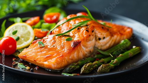 Baked salmon with a delicate taste of ginger and soy sauce, crispy asparagus, and fresh salad. This dish combines the rich, savory flavor of salmon with the light, refreshing texture of vegetables.