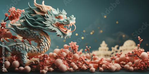 Banner with chinese dragon and elements over teal background with copy space.