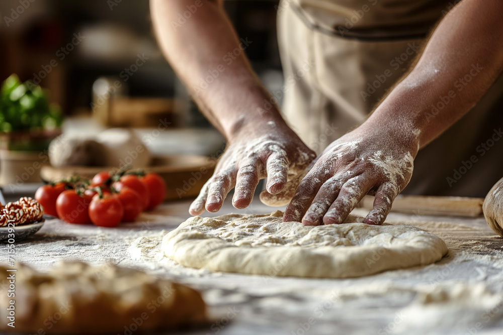 Bakery Chef's Hands Kneading Dough for Homemade Pizza and Pasta