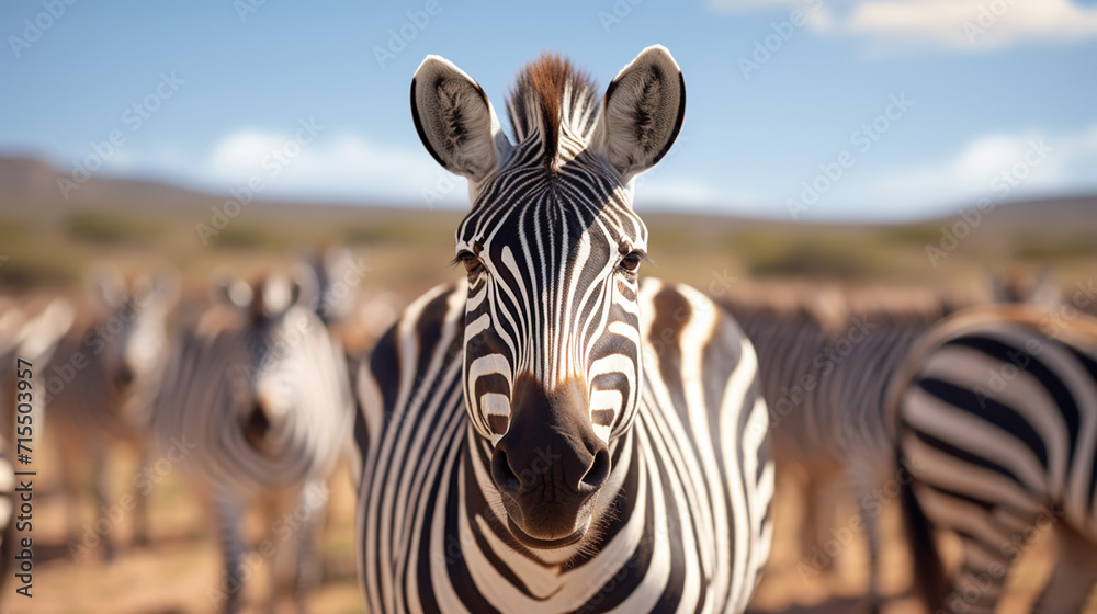Naklejka premium close up from a zebra surrounded with black and white stripes in his herd