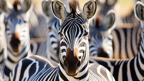 close up from a zebra surrounded with black and white stripes in his herd photo