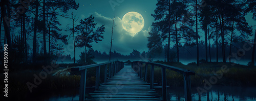 A wooden bridge crosses dark water under a full moon, tall trees casting shadows as nature invites exploration at night. photo