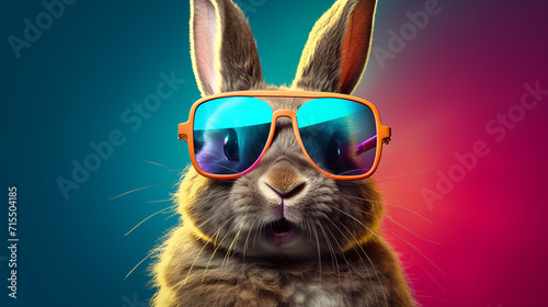 Cool bunny with sunglasses on colorful background