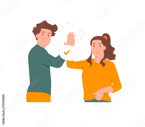 Excited young man and woman giving high five gesture, slapping each others palms, arms raised, putting hands together concept illustration