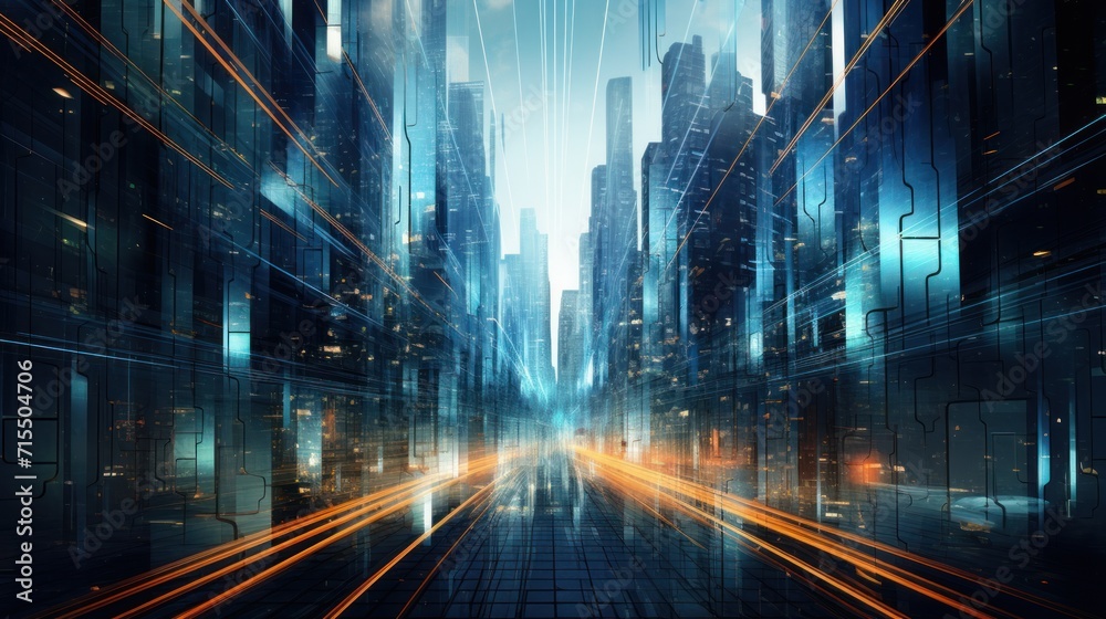 IT Technology rushing between architecture, flows and line behind the buildings