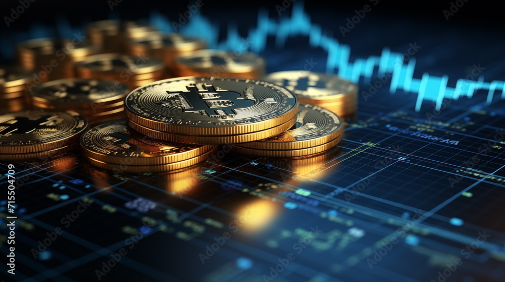 3D gold Bitcoin on price candlestick chart background. Dark trading chart Background. Crytocurrency chart. Generated AI. 3D gold Bitcoin on price candlestick chart background. Dark trading chart Background. Crytocurrency chart. Generated AI.