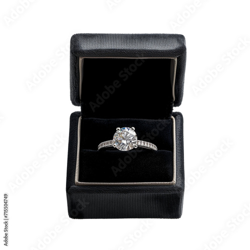 A diamond engagement ring presented in an open black velvet box, isolated on a transparent background, symbolizing love and commitment