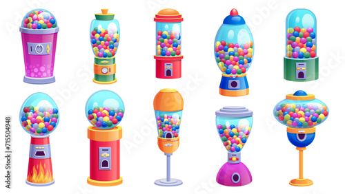 Gum ball vending machine. Cartoon retro candy dispenser with gumballs, colorful sweet balls for children amusement. Vector vending machine with gumballs set