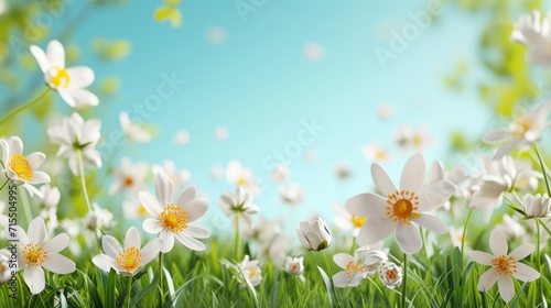 spring banner with place for text on a plain blue background. vase with white meadow flowers against the wall