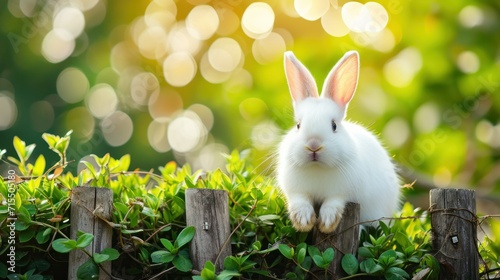 one white Easter bunny on the background of a sunny beach near the fence, space for text, concept Easter, spring, white rabbit, blur