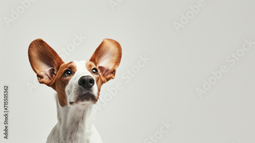 surprised white and red hunting dog with long ears on a white isolated background. banner for a pet store, with space for text. concept advertising, animals, dogs, love for animals, emotions