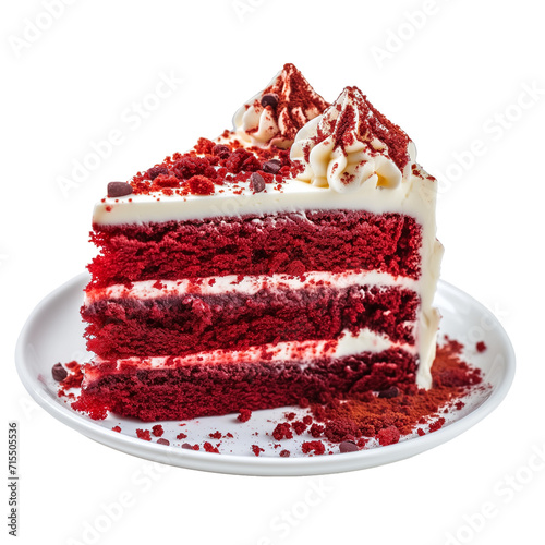 A slice of red velvet cake with cream cheese frosting on a white plate, isolated on a white background