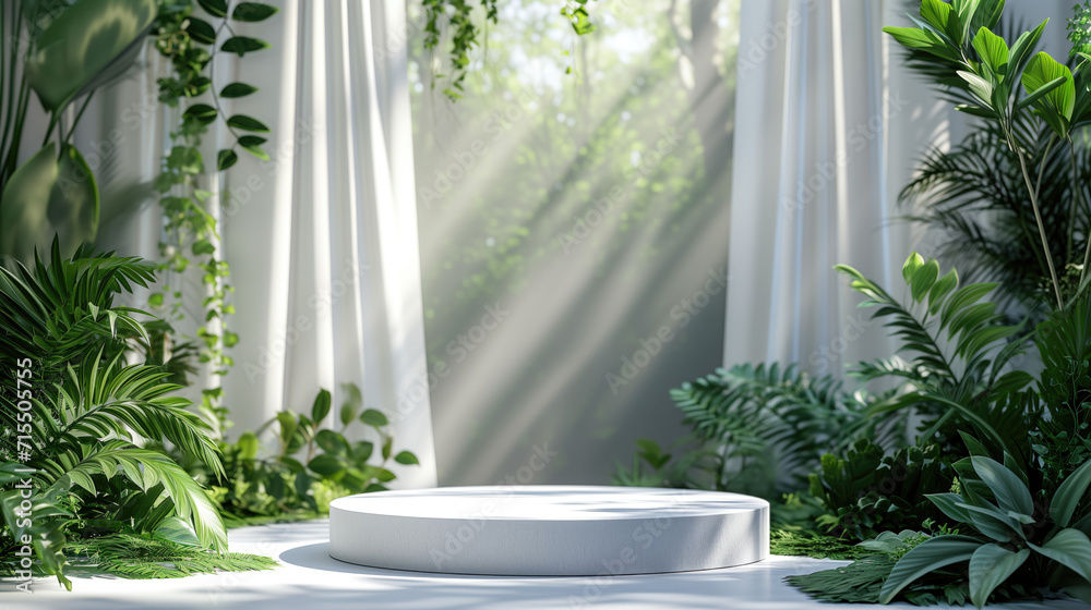 white cylinder pedestal. Minimal scene for product display presentation. curtain and foliage It's a component in the scene. white cylinder pedestal. Minimal scene for product display presentation. curtain and foliage It's a component in the scene.