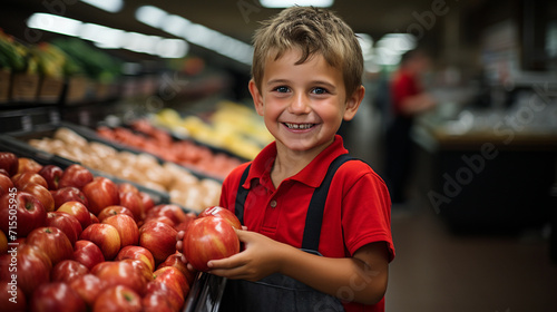 Boy in the grocery section of a supermarket buying apples. Child for choosing healthy food to eat. Child buying fruits in a store. Healthy snack. Concept of balanced diet and healthy food.