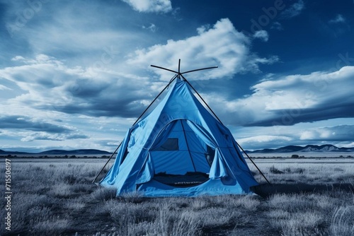 a tent that is colored blue and stands alone. Generative AI © Dmytro