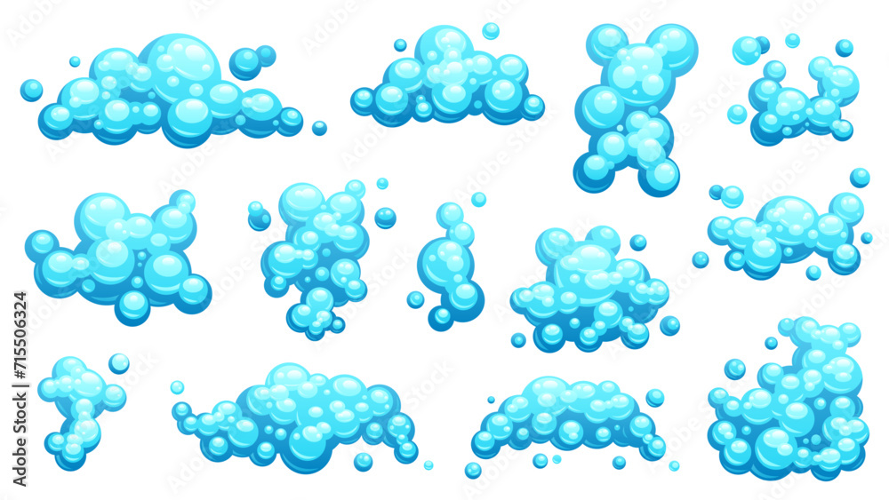 Cartoon shampoo foam set. Soapy bubbles and steam, shampoo foam and bubbles in shower, bubble foam and steam in water. Vector colorful isolated collection - obrazy, fototapety, plakaty 