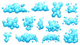 Cartoon shampoo foam set. Soapy bubbles and steam, shampoo foam and bubbles in shower, bubble foam and steam in water. Vector colorful isolated collection