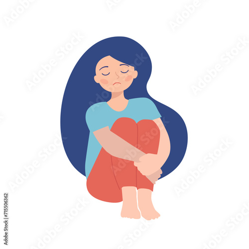 Depressed sad girl sitting on the floor. Depressed teenager. Unhappy sad woman and stressed student. Creative vector illustration.