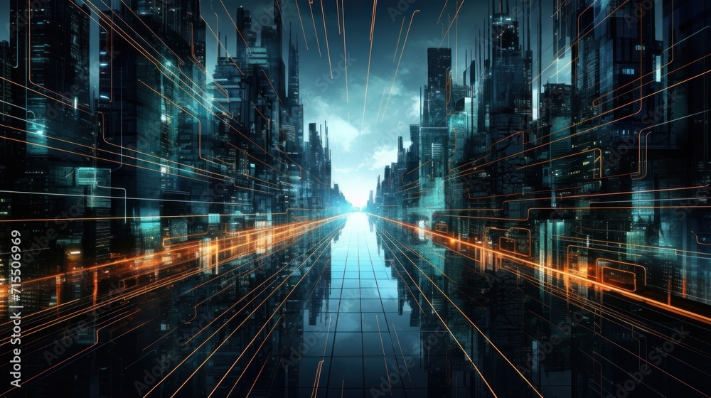 IT Technology rushing between architecture, flows and line behind the buildings IT Technology rushing between architecture, flows and line behind the buildings