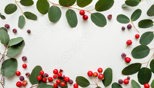 frame borders made of eucalyptus populus leaves with fruits in the form of berries on white background flat lay top view floral concept photo