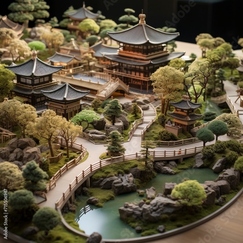 Zen garden surrounded by traditional Japanese buildings in architectural harmony