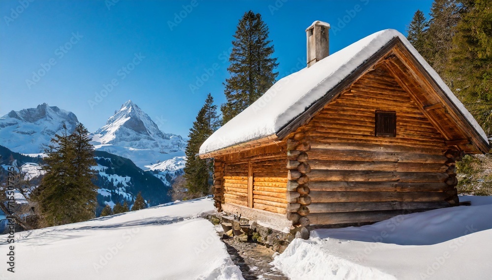 a cozy log cabin amidst snow covered pine trees in the swiss alps