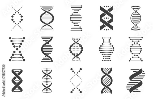 Black dna icons. Biotechnology and molecular biology abstract symbols, spiral genetic molecule sequence code for pharmacy and healthcare. Vector set photo