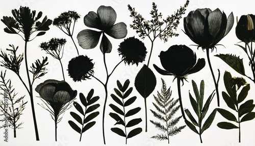 hand drawn of detailed black silhouettes of flowers and herbs on white background botanical sketch flowers collection tattoo wall art branding and packaging design photo