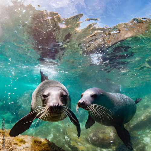 UnSeal couple in the sea. Underwater photo of two seals 