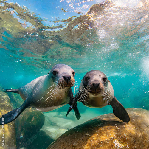 Seal couple in the sea. Underwater photo of two seals 